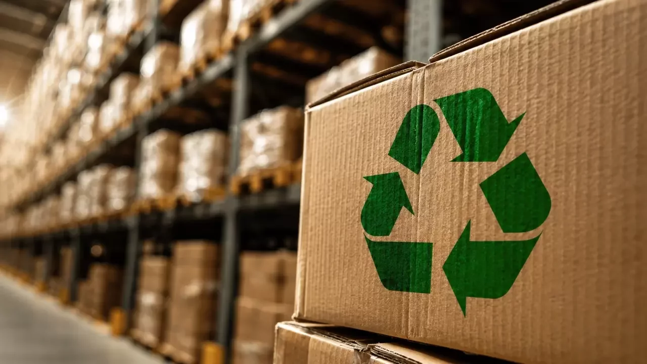 Karton mit Recyclinglogo vor Regal