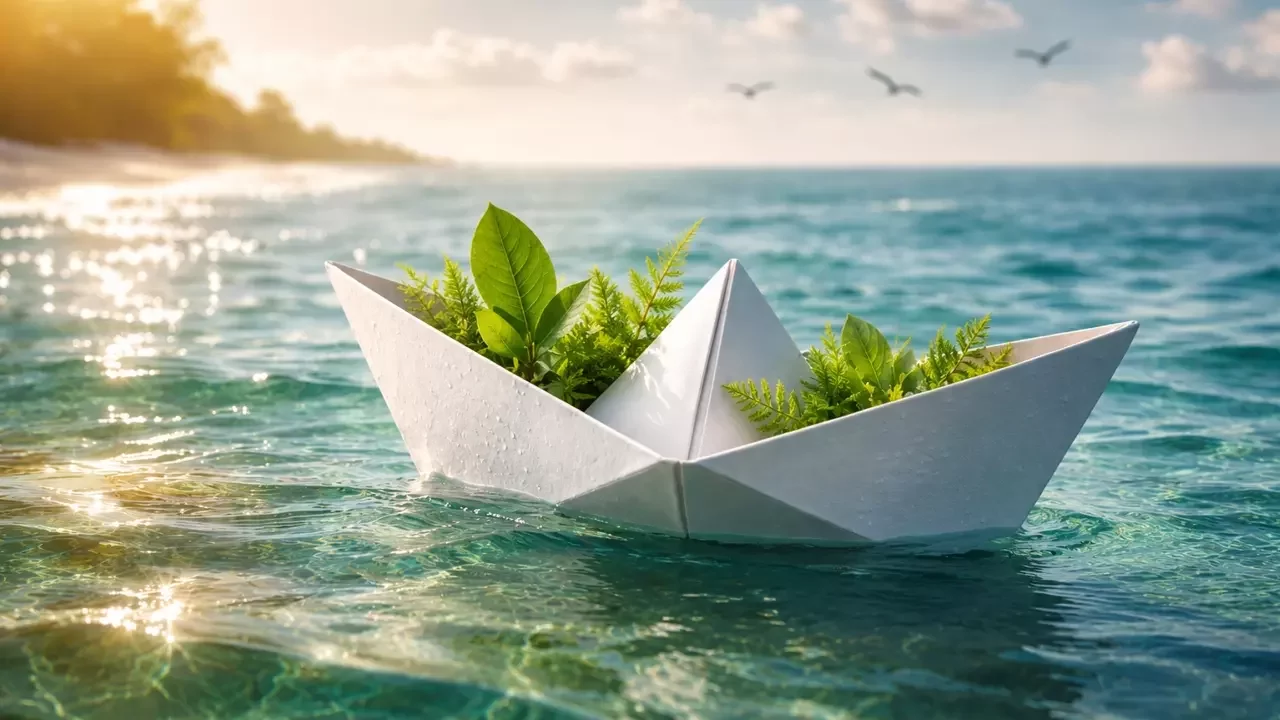 Papierbot mit Planzen auf Wasser